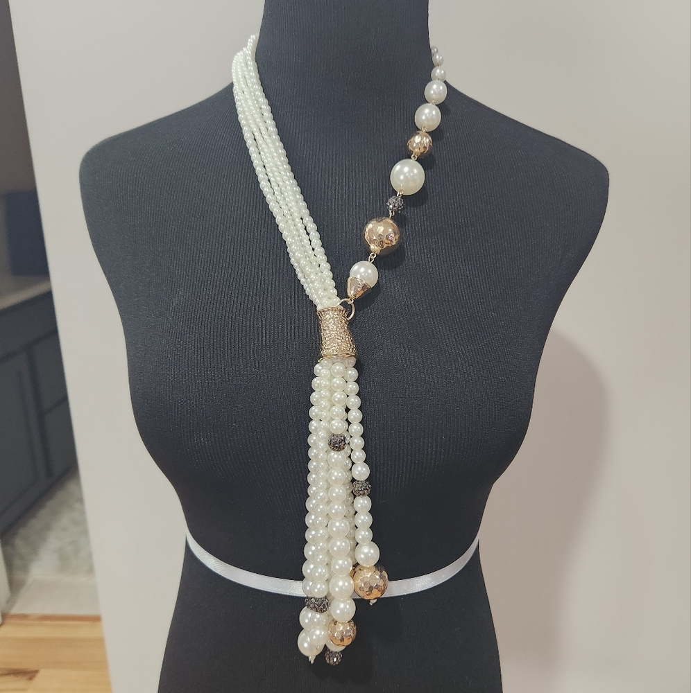 Elegant Pearl and Gold Beaded Necklace Cascading Pearls Quality Made Piece!